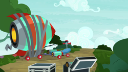Size: 1280x720 | Tagged: safe, screencap, g4, the washouts (episode), background, box, bush, cloud, rocket, scenic ponyville, scooter, tree