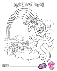 Size: 1500x1875 | Tagged: safe, rainbow dash, pegasus, pony, g4, official, cloud, coloring page, high angle, ponyville, rainbow, rainbow power, rainbow trail, solo, sparkles, stock vector, sun