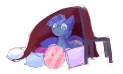 Size: 2448x1475 | Tagged: safe, artist:lbrcloud, oc, oc only, oc:double colon, pony, unicorn, blanket, chair, cute, ear fluff, female, looking at you, pillow, pillow fort, solo