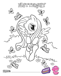 Size: 1500x1875 | Tagged: safe, fluttershy, butterfly, g4, official, bush, coloring page, cute, daaaaaaaaaaaw, female, flower, grass, lineart, mare, nostalgia, rainbow power, shyabetes