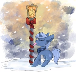 Size: 2134x2050 | Tagged: safe, artist:lbrcloud, oc, oc only, oc:double colon, pony, unicorn, bow, christmas, clothes, eyes closed, female, high res, holiday, lamppost, pulling, scarf, silly, silly pony, snow, snowfall, solo, stuck, tongue out, tongue stuck to pole, winter
