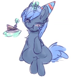 Size: 1322x1381 | Tagged: safe, artist:lbrcloud, oc, oc only, oc:double colon, pony, unicorn, blushing, cake, chest fluff, eating, eyes closed, female, fluffy, food, fork, hat, herbivore, magic, party hat, raised hoof, sitting, solo, telekinesis