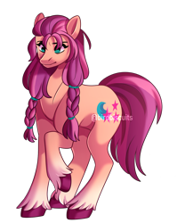 Size: 1212x1522 | Tagged: dead source, safe, artist:birdbiscuits, sunny starscout, earth pony, pony, g5, braided pigtails, coat markings, female, frown, mare, raised eyebrow, raised hoof, simple background, socks (coat markings), solo, transparent background, unshorn fetlocks, watermark