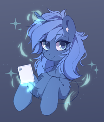 Size: 1857x2181 | Tagged: safe, artist:whiteliar, oc, oc only, oc:double colon, pony, unicorn, bust, chest fluff, earbuds, female, fluffy, headphones, looking at you, magic, mp3 player, not luna, shoulder fluff, simple background, solo, telekinesis