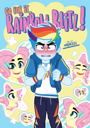 Size: 2808x4000 | Tagged: safe, artist:orin331, fluttershy, rainbow dash, equestria girls, equestria girls series, g4, backpack, bandaid, blushing, bushy brows, butterscotch, clothes, equestria guys, frown, gay, geode of super speed, go for it nakamura!!, high res, laughing, magical geodes, male, nervous, open mouth, open smile, pants, rainbow blitz, rule 63, ship:butterblitz, ship:flutterdash, shipping, smiling, sweatpants