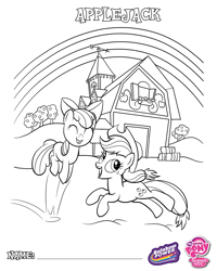 Size: 1500x1875 | Tagged: safe, apple bloom, applejack, earth pony, pony, g4, official, apple, applebetes, barn, bow, coloring page, cute, duo, female, food, hair bow, happy, hat, hay, jumping, rainbow, rainbow power, siblings, sisters, sweet apple acres, tree
