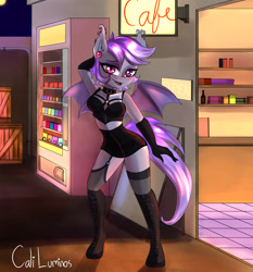 Size: 2778x2978 | Tagged: safe, artist:cali luminos, oc, oc:alium, bat pony, anthro, unguligrade anthro, arm behind head, boots, choker, clothes, ear piercing, earring, evening gloves, female, garter belt, garters, gloves, gothic, high res, jewelry, long gloves, looking at you, open mouth, open smile, piercing, pose, shoes, smiling, stockings, thigh highs