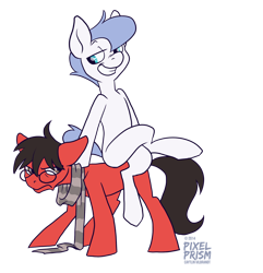 Size: 800x829 | Tagged: safe, artist:pixel-prism, oc, oc only, oc:crowne prince, pony, 2014, clothes, crossed legs, female, glasses, male, mare, scarf, simple background, sitting on person, sitting on pony, solratic, stallion, transparent background