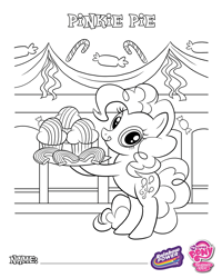Size: 1500x1875 | Tagged: safe, pinkie pie, earth pony, pony, g4, official, banner, bipedal, black and white, candy, candy cane, carrying, coloring page, cookie, cupcake, eyes open, female, food, grayscale, hoof hold, licking, licking lips, mare, monochrome, party, rainbow power, solo, stock vector, tongue out