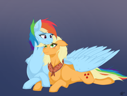 Size: 2048x1536 | Tagged: safe, artist:pimpartist101, applejack, rainbow dash, earth pony, pegasus, pony, g4, clothes, female, gradient background, granny smith's shawl, hatless, lesbian, lying down, mare, missing accessory, prone, ship:appledash, shipping, wing blanket, winghug, wings