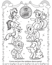 Size: 1500x1875 | Tagged: safe, applejack, fluttershy, pinkie pie, rainbow dash, rarity, twilight sparkle, alicorn, earth pony, pegasus, pony, unicorn, g4, official, bipedal, cloud, coloring page, dancing, disco ball, hat, heart, lightning, party, rainbow, rainbow power, stars, stock vector