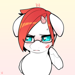 Size: 2000x2000 | Tagged: safe, artist:sugarelement, oc, oc only, oc:red cherry, pegasus, pony, blushing, cheek kiss, embarrassed, glasses, high res, horn, kiss mark, kissing, lipstick, red hair, small horn, solo
