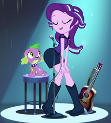Size: 490x539 | Tagged: safe, spike, starlight glimmer, dog, equestria girls, g4, boots, butt, clothes, cropped, cute, dancing, eyes closed, eyes on the prize, female, guitar, male, musical instrument, plot, shaking, shimmy, ship:sparlight, shipping, shoes, sitting, spike the dog, straight