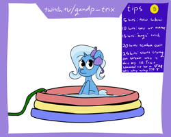 Size: 3500x2800 | Tagged: safe, artist:captaincontent, trixie, pony, unicorn, g4, :|, bikini, clothes, female, high res, hose, lewd, livestream, looking at you, mare, sitting, solo, swimming pool, swimsuit, text, twitch, wat, wet