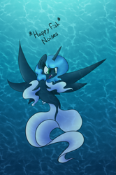 Size: 739x1111 | Tagged: safe, artist:alazak, princess luna, alicorn, hybrid, pony, sea pony, g4, blue mane, crepuscular rays, crown, descriptive noise, female, fins, fish tail, flowing tail, green eyes, jewelry, ocean, open mouth, regalia, s1 luna, seaponified, seapony luna, smiling, solo, species swap, spread wings, sunlight, swimming, tail, underwater, water, wings