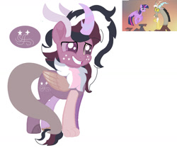 Size: 1280x1072 | Tagged: safe, artist:guineapigrock03, artist:tardis-bases, edit, screencap, discord, twilight sparkle, oc, alicorn, hybrid, pony, g4, three's a crowd, base used, chest fluff, female, horns, interspecies offspring, male, offspring, parent:discord, parent:twilight sparkle, parents:discolight, screencap reference, shipping, simple background, smiling, straight, twilight sparkle (alicorn), white background