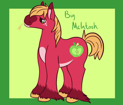Size: 1750x1500 | Tagged: safe, artist:misskanabelle, big macintosh, earth pony, pony, g4, abstract background, freckles, hoof fluff, male, redesign, signature, solo, stallion, straw in mouth, unshorn fetlocks