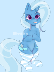 Size: 1128x1509 | Tagged: safe, artist:mushy, trixie, pony, unicorn, g4, :p, bipedal, blue background, blushing, clothes, cute, diatrixes, raspberry, simple background, socks, solo, sparkles, sparkly eyes, thigh highs, tongue out, wingding eyes