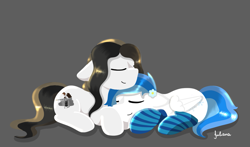 Size: 1651x970 | Tagged: safe, artist:julie25609, oc, oc:chocolate fudge, oc:winter white, earth pony, pegasus, pony, clothes, cuddling, cute, flower, flower in hair, fluffy, stockings, thigh highs