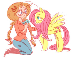 Size: 836x708 | Tagged: safe, artist:payface, artist:punpunichu, fluttershy, human, g4, braid, canada, female, flower, hand on shoulder, hetalia, kneeling, looking at each other, mare, rule 63, smiling, spread wings, wings