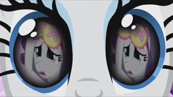 Size: 1280x720 | Tagged: safe, edit, edited screencap, editor:rarity vrymer collective, screencap, rarity, pony, unicorn, g4, magical mystery cure, season 2, season 3, sisterhooves social, carousel boutique, eye reflection, female, mare, reflection, sleep mask, solo