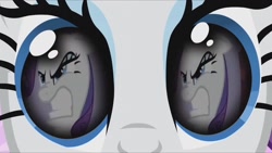 Size: 1280x720 | Tagged: safe, edit, edited screencap, editor:rarity vrymer collective, screencap, rarity, pony, unicorn, g4, magical mystery cure, season 2, season 3, sisterhooves social, angry, carousel boutique, eye reflection, female, gritted teeth, mare, reflection, solo