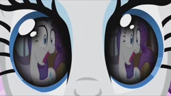 Size: 1280x720 | Tagged: safe, edit, edited screencap, editor:rarity vrymer collective, screencap, rarity, pony, unicorn, g4, magical mystery cure, season 2, season 3, sisterhooves social, carousel boutique, eye reflection, female, mare, open mouth, reflection, solo