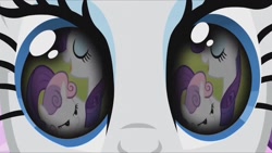 Size: 1280x720 | Tagged: safe, edit, edited screencap, editor:rarity vrymer collective, screencap, rarity, sweetie belle, pony, unicorn, g4, magical mystery cure, season 2, season 3, sisterhooves social, belle sisters, eye reflection, eyes closed, female, filly, foal, half-closed eyes, mare, mid-blink screencap, reflection, siblings, sisters, solo