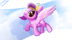 Size: 3840x2160 | Tagged: safe, artist:llamalauncher, pipp petals, pegasus, pony, g5, chest fluff, female, high res, red eyes, red-eyed pipp, signature, smiling, solo, spread wings, wings
