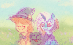 Size: 3680x2260 | Tagged: safe, artist:equmoria, oc, oc only, oc:gloomy spring, oc:mrs. fluff, oc:pumpkin jam, cat, earth pony, pony, unicorn, female, hat, high res, mare, solo, witch hat