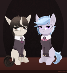 Size: 2023x2227 | Tagged: safe, artist:andaluce, oc, oc only, oc:sepher gray, oc:winter azure, earth pony, pony, unicorn, blank flank, clothes, earth pony oc, female, foal, high res, lineless, mare