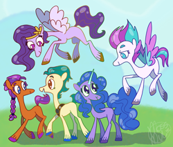 Size: 3608x3074 | Tagged: safe, artist:mossmule, hitch trailblazer, izzy moonbow, pipp petals, sunny starscout, zipp storm, earth pony, pegasus, pony, unicorn, g5, female, group, high res, male, mane five, mare, red eyes, red-eyed pipp, stallion