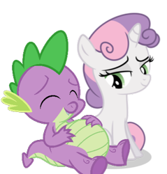 Size: 387x404 | Tagged: safe, edit, vector edit, spike, sweetie belle, g4, owl's well that ends well, belly, big belly, eyes closed, fat, fat spike, female, looking sideways, male, ship:spikebelle, shipping, straight, stuffed belly, vector