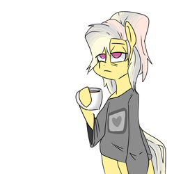 Size: 768x768 | Tagged: safe, artist:smirk, oc, oc only, oc:mutter butter, semi-anthro, arm hooves, clothes, coffee, lidded eyes, messy mane, mug, solo, tired