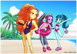 Size: 2048x1448 | Tagged: safe, artist:binco_293, adagio dazzle, aria blaze, sonata dusk, equestria girls, g4, armpits, arms in the air, bare shoulders, beach, belly button, bikini, breasts, cleavage, clothes, collar, gem, hands in the air, heel pop, inner tube, legs, midriff, nail polish, one-piece swimsuit, outdoors, palm tree, pigtails, ponytail, sandals, siren gem, sleeveless, sunglasses, swimsuit, the dazzlings, toenail polish, tree, two-piece swimsuit