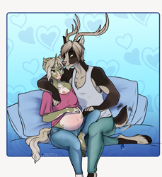 Size: 2047x2236 | Tagged: safe, artist:blackblood-queen, oc, oc only, oc:caine, oc:fern evergreen, deer, unicorn, anthro, unguligrade anthro, anthro oc, antlers, belly, belly blush, belly button, big belly, big breasts, breasts, cainergreen, clothes, cloven hooves, commission, couch, couple, deer oc, digital art, female, happy, heart, high res, horn, interspecies, male, mare, milf, oc x oc, outie belly button, pants, pillow, pregnant, shipping, shirt, sitting, tail wag, tattoo, unicorn oc, what if