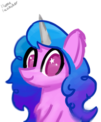 Size: 1737x2100 | Tagged: safe, artist:llamalauncher, izzy moonbow, pony, unicorn, g5, bust, chest fluff, cute, female, izzybetes, looking at you, mare, portrait, signature, simple background, smiling, solo, starry eyes, stars, white background, wingding eyes