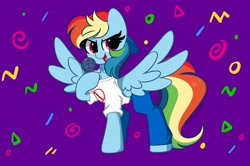 Size: 4096x2718 | Tagged: safe, artist:kittyrosie, rainbow dash, pegasus, pony, g4, boyfriend (friday night funkin), cap, chest fluff, clothes, cosplay, costume, crossover, cute, dashabetes, digital art, female, friday night funkin', hat, mare, smiling, solo