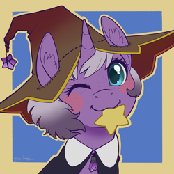 Size: 3000x3000 | Tagged: safe, artist:taytinabelle, oc, oc only, oc:witching hour, pony, unicorn, avatar, blue background, blushing, bust, cape, clothes, cute, ear fluff, female, freckles, happy, hat, high res, jewelry, looking at you, mare, mouth hold, necklace, one eye closed, simple background, smiling, solo, wink, winking at you, witch hat, yellow background