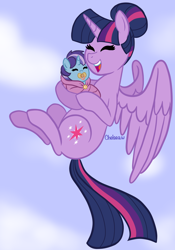 Size: 1676x2400 | Tagged: safe, artist:chelseawest, twilight sparkle, oc, oc:starfire spark, alicorn, pony, g4, baby, baby pony, cuddling, female, flying, mama twilight, mother and child, mother and daughter, offspring, pacifier, parent:flash sentry, parent:twilight sparkle, parents:flashlight, petalverse, tied hair, twilight sparkle (alicorn)