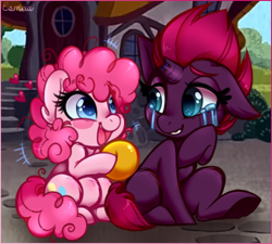 Size: 556x501 | Tagged: safe, artist:esmeia, fizzlepop berrytwist, pinkie pie, tempest shadow, earth pony, pony, unicorn, g4, alternate timeline, alternate universe, ball, blushing, broken horn, crying, cute, detailed background, diapinkes, female, happy, heart, horn, lesbian, shipping, sitting, smiling, tears of joy, tempestbetes, tempestpie