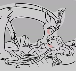 Size: 2048x1920 | Tagged: safe, artist:thechaoticboop, discord, fluttershy, draconequus, pegasus, pony, g4, bed, blushing, eyes closed, female, kissing, leaning forward, lying down, male, on back, pillow, ship:discoshy, shipping, size difference, spread wings, straight, wings