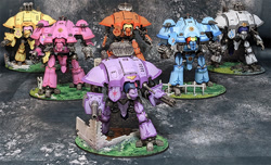 Size: 720x438 | Tagged: safe, artist:parius, applejack, fluttershy, pinkie pie, rainbow dash, rarity, twilight sparkle, g4, customized toy, imperial knight, irl, mane six, mecha, photo, statuette, toy, warhammer (game), warhammer 40k