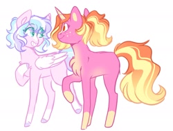 Size: 2035x1545 | Tagged: safe, artist:scarletskitty12, luster dawn, princess flurry heart, pegasus, pony, unicorn, g4, blaze (coat marking), coat markings, colored hooves, duo, facial markings, female, grin, looking at each other, mare, missing cutie mark, missing horn, older, older flurry heart, pale belly, race swap, raised hoof, simple background, smiling, socks (coat markings), white background, white wings
