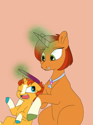 Size: 1280x1707 | Tagged: safe, artist:doodletheexpoodle, stellar flare, sunburst, pony, unicorn, g4, blaze (coat marking), coat markings, colt, colt sunburst, comb, facial markings, female, implied sunny siblings, implied sunset shimmer, male, mare, missing cutie mark, mother and child, mother and son, mothers gonna mother, orange background, simple background, socks (coat markings), younger