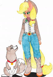 Size: 1280x1847 | Tagged: safe, artist:firestormcabbit, applejack, winona, dog, earth pony, anthro, unguligrade anthro, g4, belt, belt buckle, boots, clothes, cowboy boots, cowboy hat, cowgirl, duo, female, hat, jeans, looking at each other, pants, shoes, simple background, sitting, stetson, traditional art, white background
