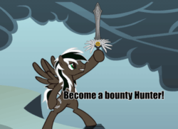 Size: 500x364 | Tagged: safe, artist:spectty, oc, oc:spectty, pegasus, pony, animated, ask, bounty hunter, caption, gif, image macro, male, pegasus oc, stallion, sword, text, tumblr, two toned mane, two toned tail, weapon