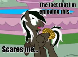 Size: 704x513 | Tagged: safe, artist:spectty, oc, oc:spectty, pegasus, pony, animated, ask, caption, confused, food, gif, image macro, lifted leg, male, pegasus oc, scared, shrunken pupils, stallion, text, tumblr, two toned mane, two toned tail, waffle