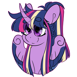 Size: 1280x1280 | Tagged: safe, artist:gingygin, twilight sparkle, alicorn, pony, g4, alternate design, alternate hairstyle, beanbrows, bust, curved horn, eyebrows, eyebrows visible through hair, horn, ponytail, portrait, rainbow power, simple background, solo, transparent background, twilight sparkle (alicorn)