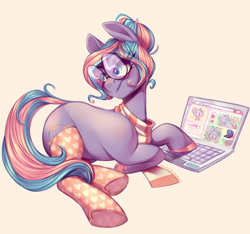 Size: 1280x1199 | Tagged: safe, artist:pastelperyton, oc, oc only, earth pony, pony, clothes, computer, female, glasses, laptop computer, lying down, mare, prone, scarf, simple background, socks, solo